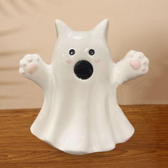 Halloween Ghost Ornaments Cute Ghost Cat Pumpkin Sculpture Spooky Resin Home Decor Desktop Figurine for Indoor Outdoor Display