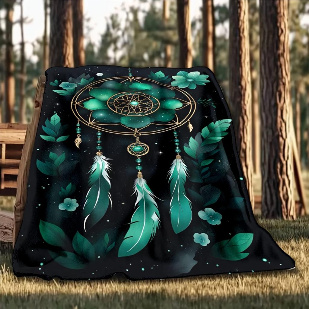 1pc Green Dream Catcher Printing Lightweight Flannel Blanket, Comfortable and Warm Blanket, for Camping Sofa Bed and Couch Office, Suitable f