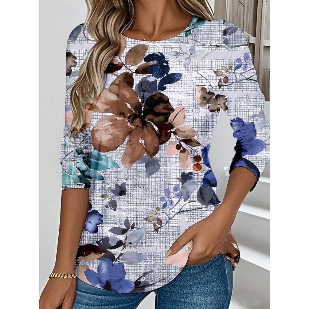 Women's T-shirt 3D Printed Maple Leaf Floral Print Fashion Long Sleeve Round Neck Regular Top Holiday Weekend Spring and Autumn