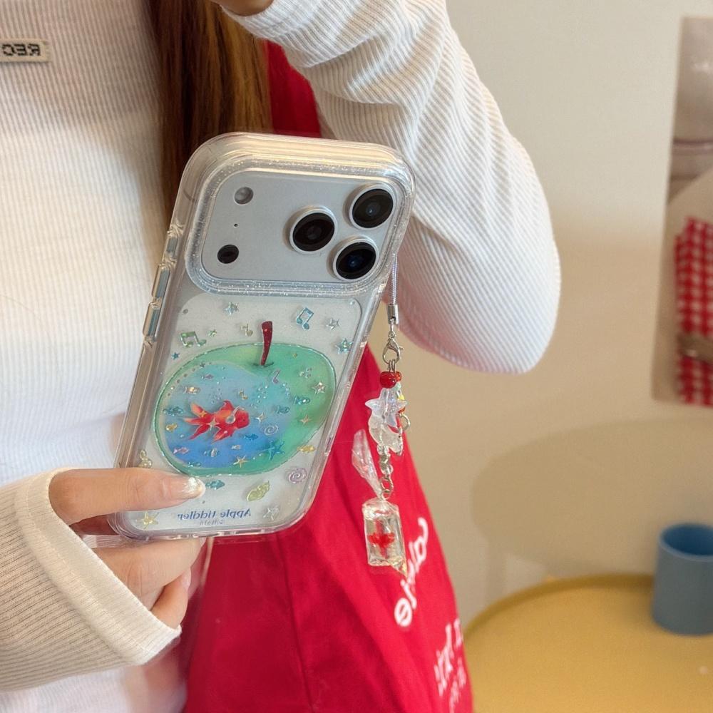 Transparent gilt green apple goldfish pendant ins Korean applicable Apple 17ProMax mobile phone case iphone15 new 16pro women's cute 17pro