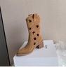Hollow Star Western Cowboy Boots Women's 2025 Autumn Maillard Wind Boots V-mouth Skinny Thick-soled Medium Boots
