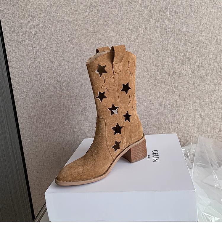Hollow Star Western Cowboy Boots Women's 2025 Autumn Maillard Wind Boots V-mouth Skinny Thick-soled Medium Boots