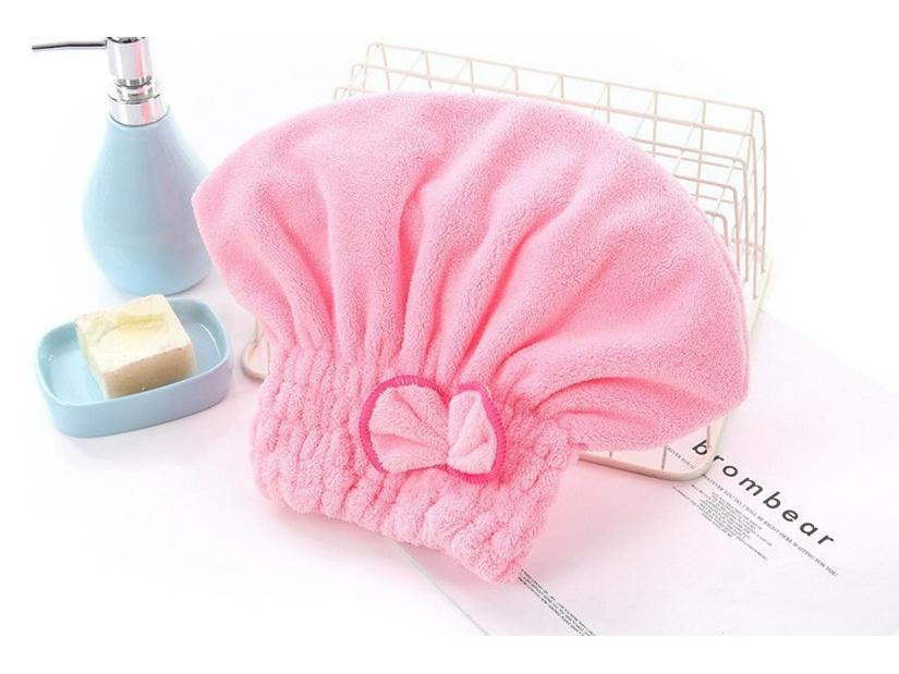 Coral Velvet Bowknot Princess Shower Cap - Soft, Water-Absorbing High-Density Hair Drying Hat