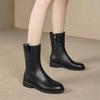Black Leather Fleece-Lined Autumn Winter Round Toe Ladies Mid Calf Shoes Chic and Elegant Pu Middle Heel Women's Half High Boots