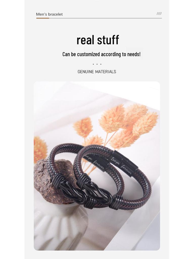 Men's Magnetic Black Twist Stainless Steel and Woven Leather Bracelet