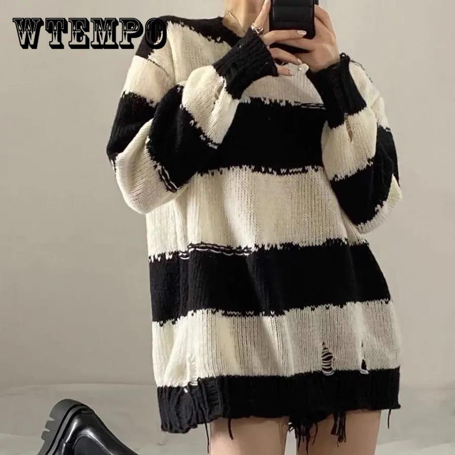 

Женский полосатый свитер в стиле ретро, ​​ленивый ветер, внешний вязаный свитер средней длины, свободный свитер большого размера с длинными рукавами