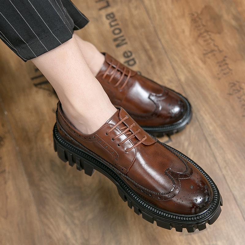 Korean Style Thick-Soled Men's Brogue Shoes, Sizes 38-45 - Trendy Carved Leather Work Boots, Low-Top Design