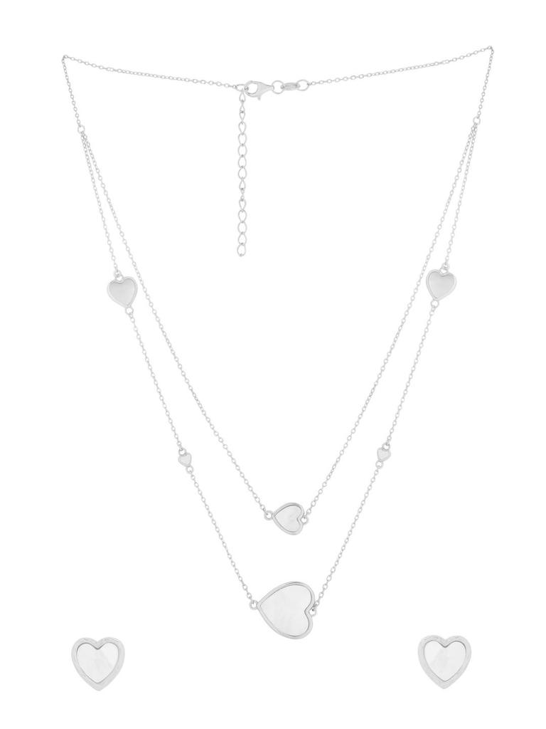 Kicky and Perky 925 Sterling Silver Mother of Pearl Station Layred Heart Love Necklace Earrings Jewelry Set For Womens