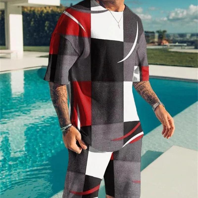 Summer Men's Set Short Sleeve Abstract 3d Printed Pattern Fashion Casual O-neck T-Shirt Shorts 2 Piece Set Sports Suit