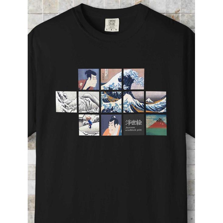 Japanese Ukiyo e Art T Shirt | Great Wave, Kabuki Actor, Mt Fuji, Japan Graphic Tee, Vintage Woodblock Collage, Hokusai, Sharaku, Hiroshige | Stylish S чёрный