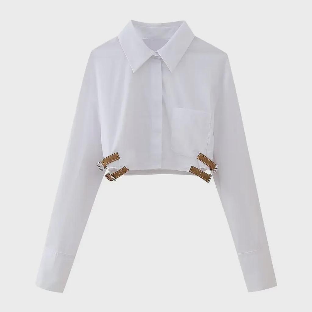 2024 Spring Women's White Lapel Short Shirt with Belt-Decorated Windbreaker Fabric