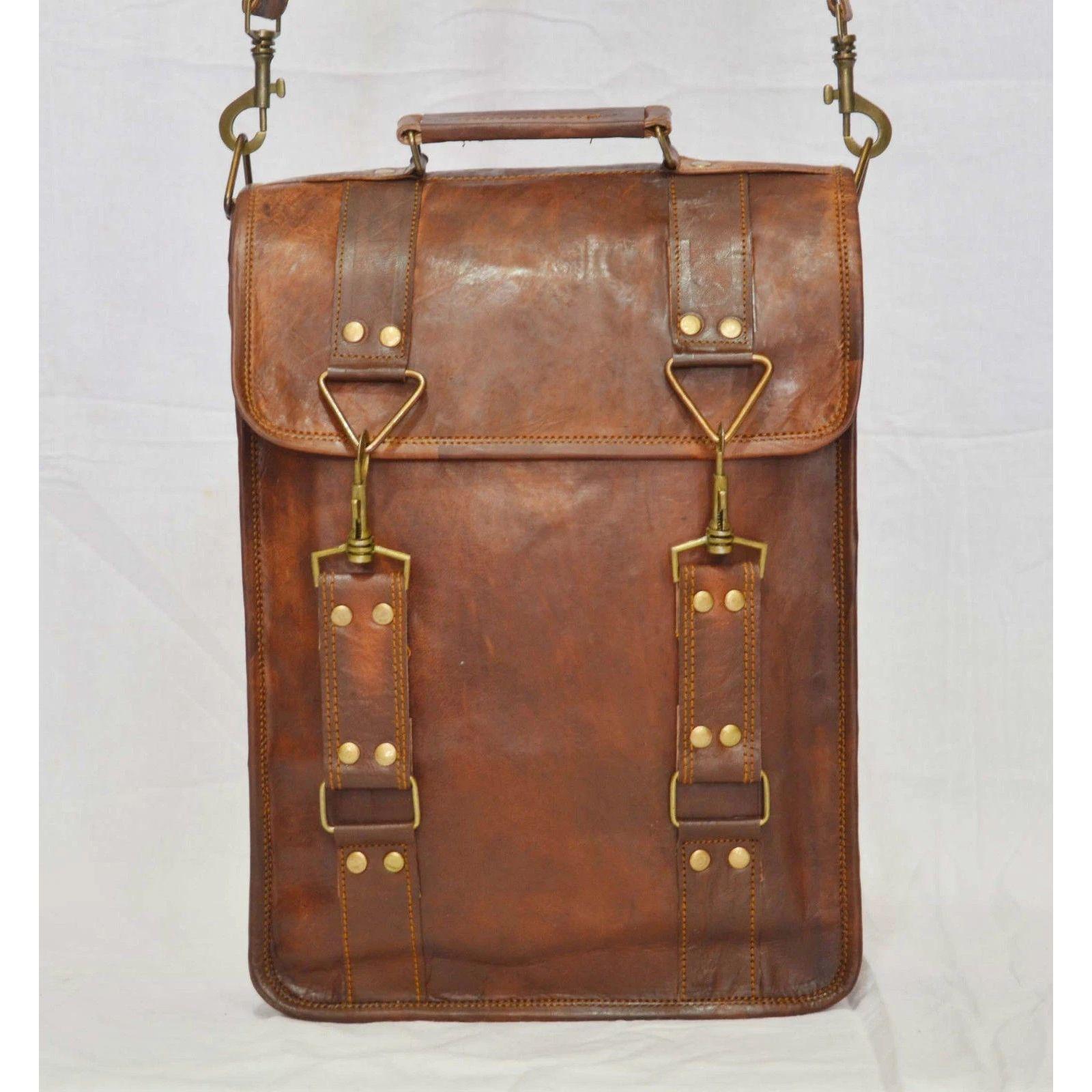 

Vintage goat leather messenger Real satchel bag genuine laptop brown briefcase 11 x 9 x 3 in