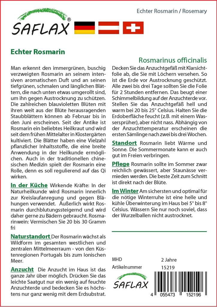 SAFLAX Garden In the Bag - Rosemary - 100 Seeds - With Substrate In a Fitting Stand Up Bag - Rosmarinus Officinalis