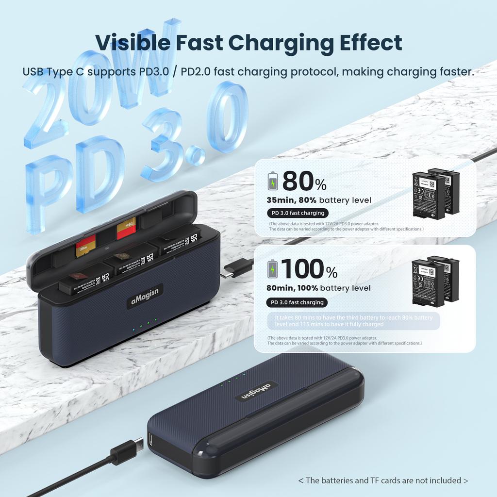 aMagisn AA07 3-slot Fast Charge Box Battery Charger Type-C PD Fast Charging Case with TF Card Slots
