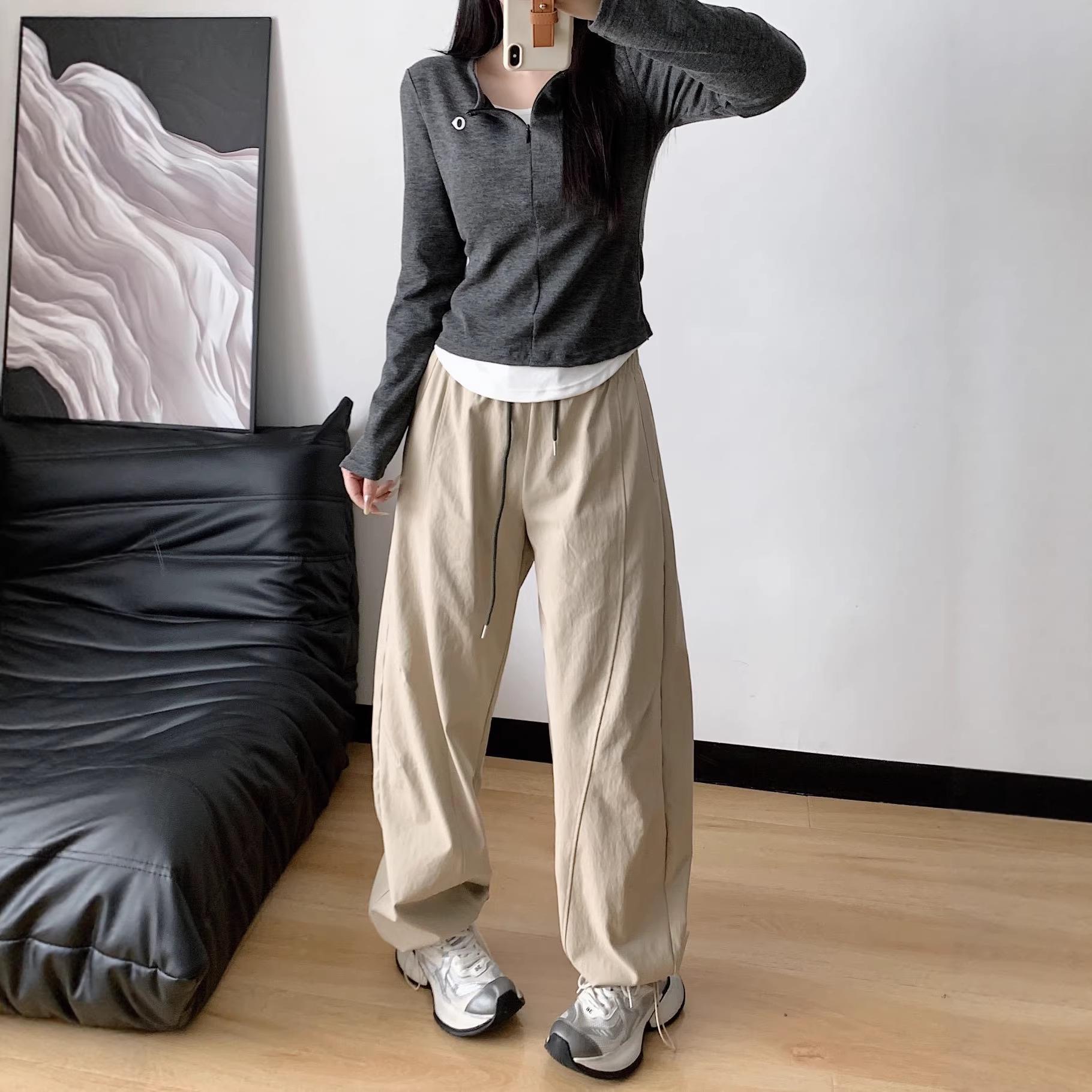 

Su Jia Feng Women s Color Block Elastic Drawstring High-Waisted Tapered Wide-Leg Casual Pants, Summer 2026 Size 4 хаки