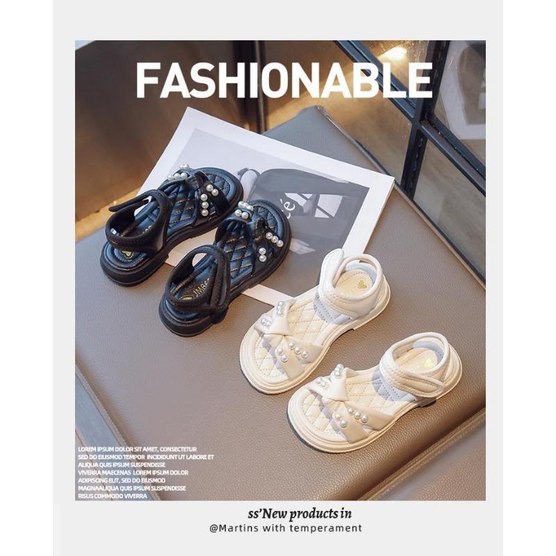 New Summer Girls' Sandals - Fashionable Pearl Princess Shoes with Non-Slip Hook & Loop Closure for Beach Wear