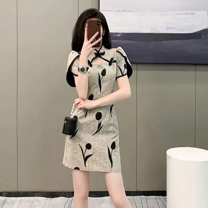 

2026 Summer Retro Qipao-Style Slimming Dress with National Style Print L (Recommended up to 115 Jin)