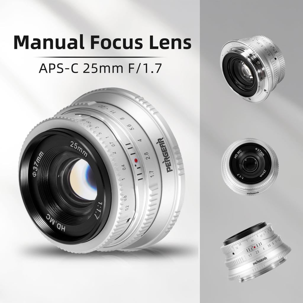 Pergear 25mm Large Aperture Manual Camera Compact and Ideal for Everyday Street and Landscapes F1.7 APS-C Lens, Lightweight, Photography, Portraits,