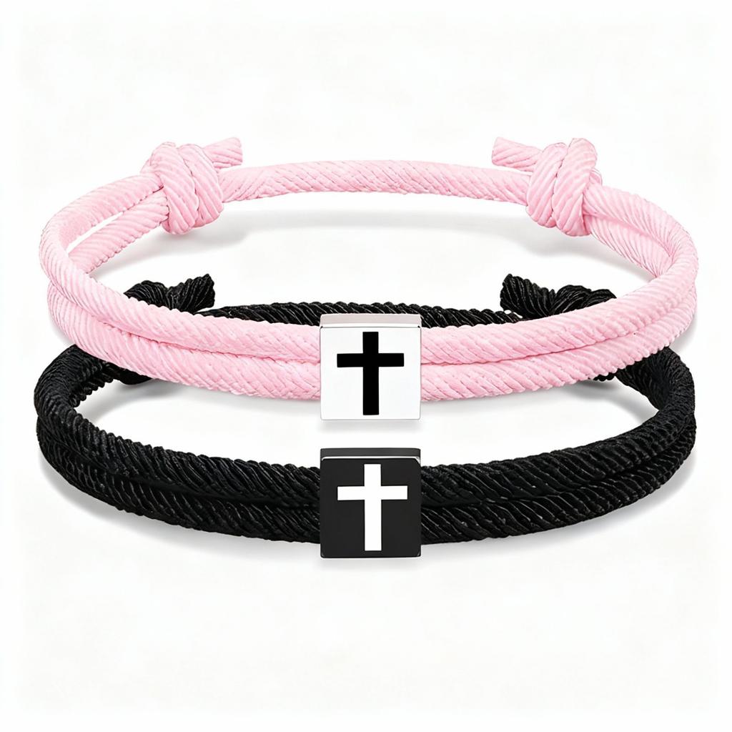 Hand-woven Black and White Cross Milanese Adjustable Bracelets – A Pair of Matching Couple’s Bracelets