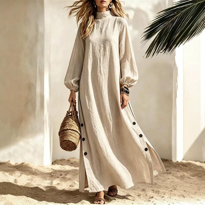 Half Turtleneck Long Dress Side Button Slit Loose Womens Fall Vacation