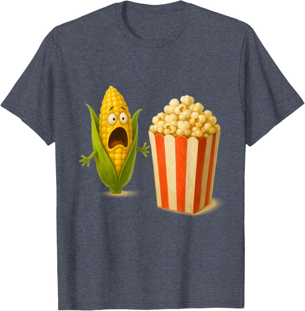 Funny Screaming Corn Popcorn Horror Food Humor Graphic Tee Casual Cotton T-Shirt for Men Women