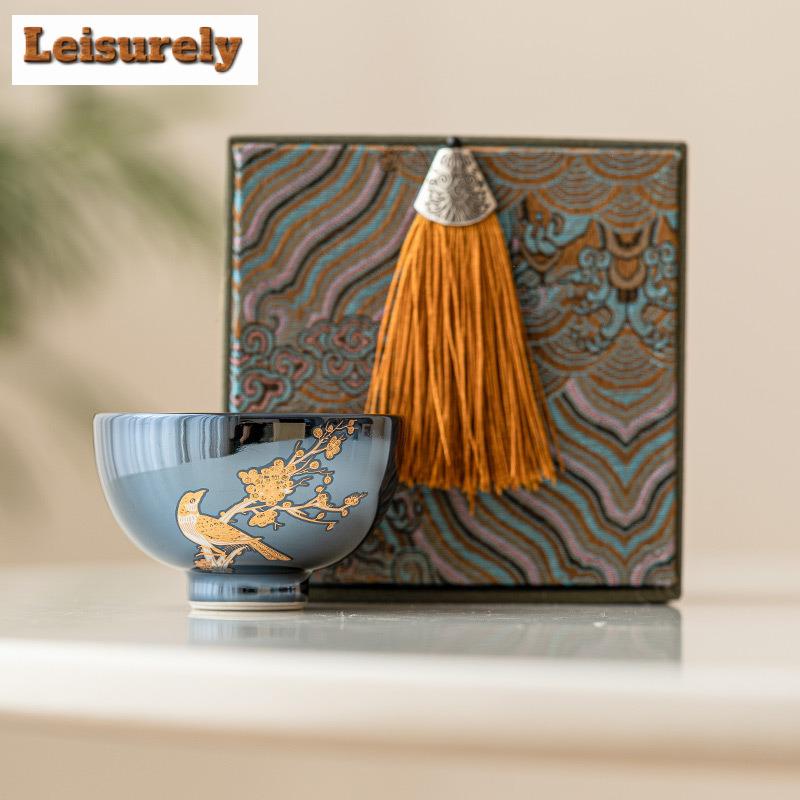 60 ml Stapelbare Keramik-Teetasse mit goldener Blume und Vogel, 999 vergoldetes Silber, Meditationstasse, kleine einzelne Meistertasse, Teeschale, Kung-Fu-Teeservice