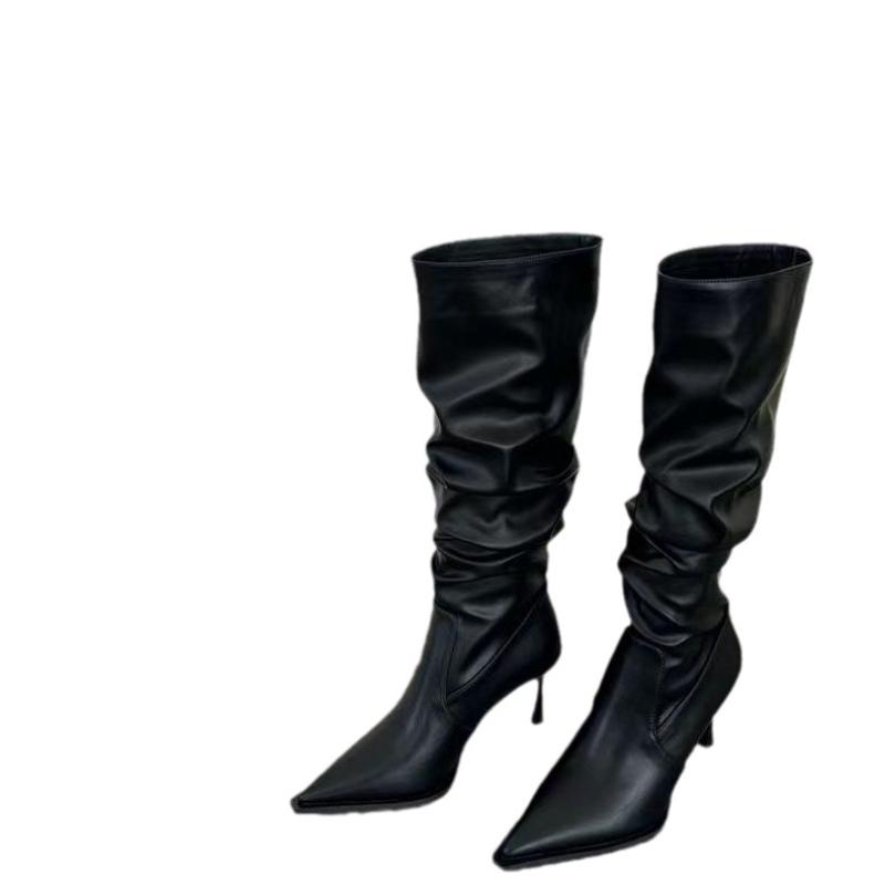 2026 Sharp Pointed Retro Fashion Women's Shoes Hot Sell Long Tube Pleated Women's Boots Look Slim Sexy Trendy High Heeled Boots