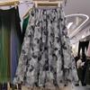 Women's French Romantic A-Line Mesh Skirt with 3D Flowers - Elastic Waist, Stunning Summer Design