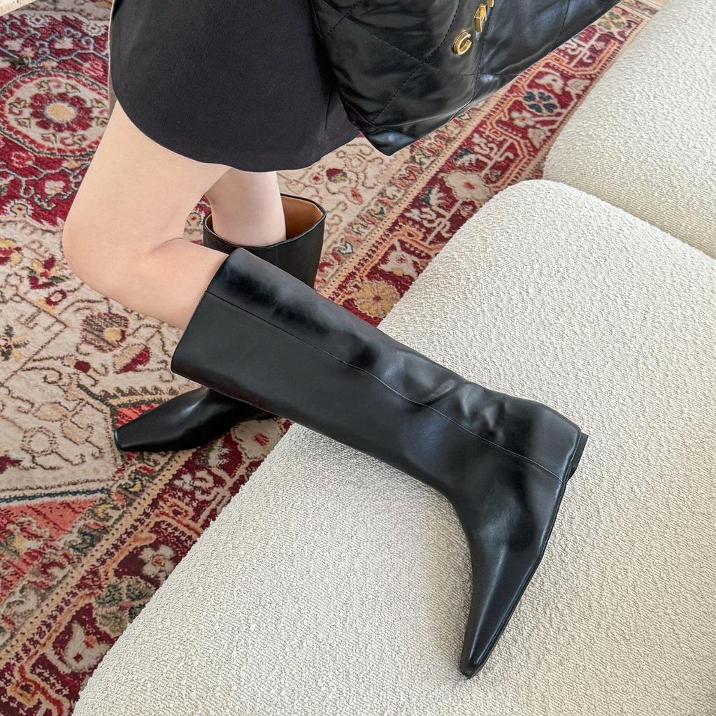 Cowhide version~ Maillard wide tube square head knight boots inner height increase and thin boots brown but knee boots children