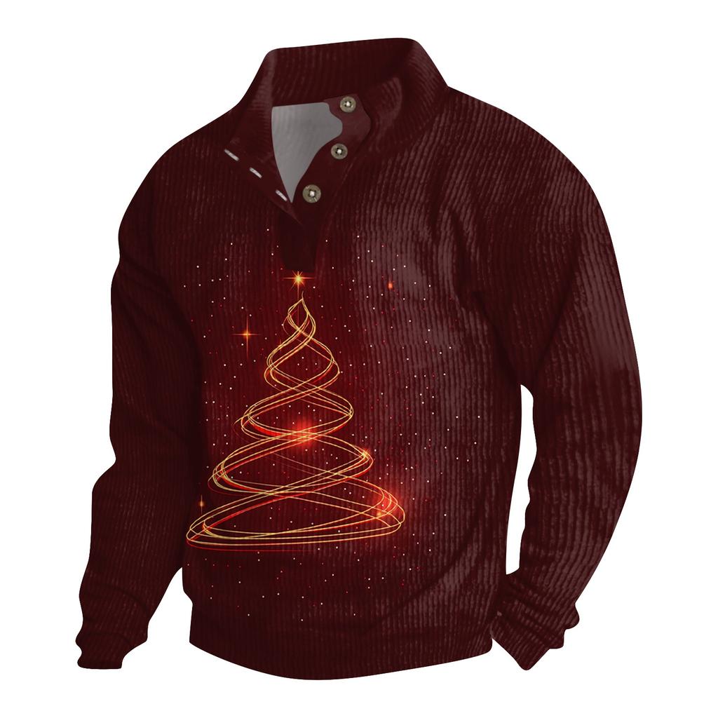 Men's Christmas Cotton Pullover Long Sleeve Outdoor Shirt Vintage Corduroy Button Stand Collar Shirt Casual Sweatshirt Christmas Print Top