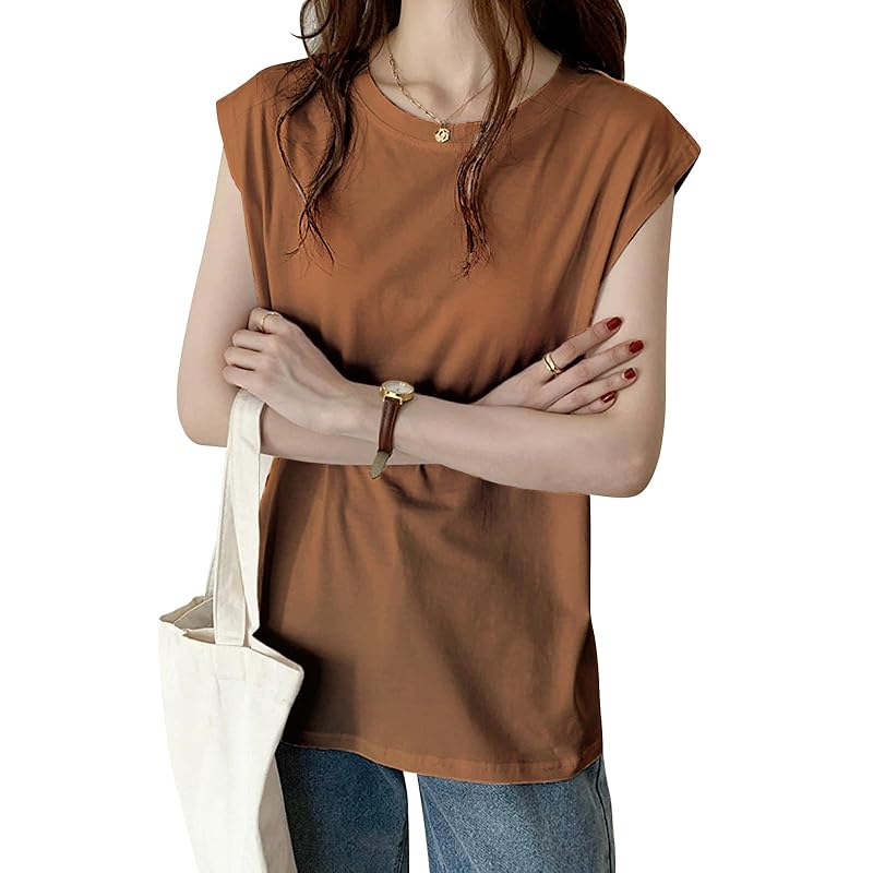 

[PALAME] tank top ladies T-shirt Plain color crew neck [Show off your slender arms, look relaxed, and coordinate freely] sleeveless t-shirt french