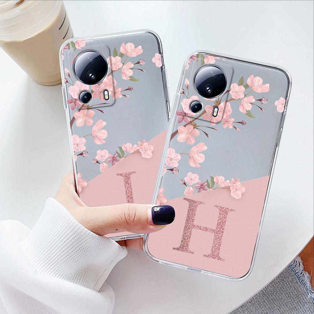 Clear Initial Letter Case For Xiaomi 13 Lite Cover Pink Flowers Alphabet Soft Silicone Coque For Xiaomi 13Lite 6.55" Fundas Capa