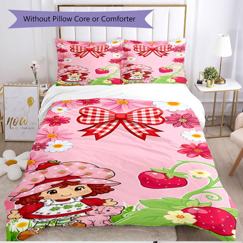 3pcs Duvet Cover Set (1*Duvet Cover + 2*Pillowcase, Without Core), Strawberry Shortcake Print Soft All‑Season Bedding Set, Home Bedroom Decor Gift