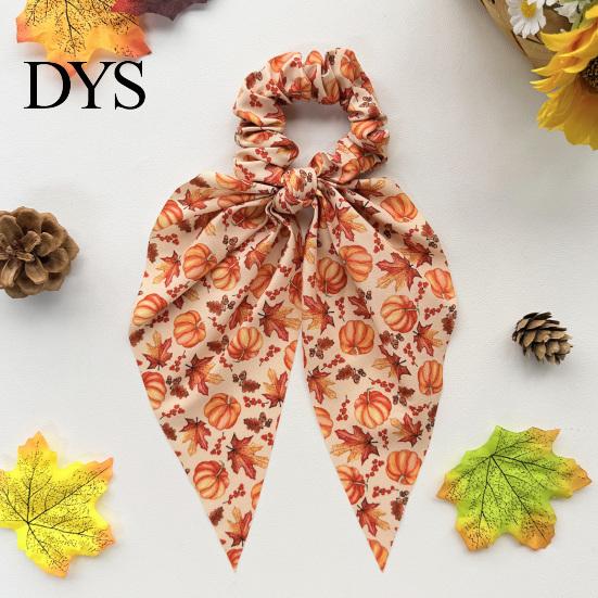 Autumn Theme Hair Ties for Gifts Fall Pumpkin Maple Leaf Tie Women, Bow Knot Ribbon Ponytail Elastic Bands Thick Holder, Soft Fabric Accessory
