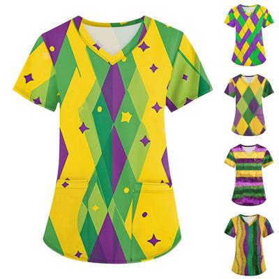Women's Fashion V-neck Short Sleeve Workwear With Pockets Printed Tops