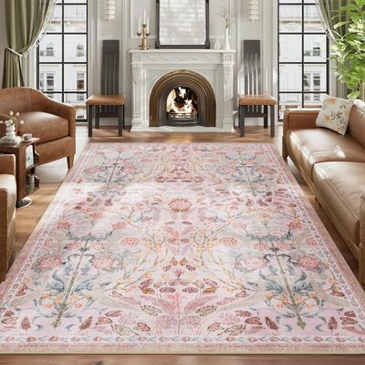 Traditional Pink Flower Vine Decoration Carpet Mat Bohemian Style Carpet Floral Decoration Elegant Home Living Room Decoration