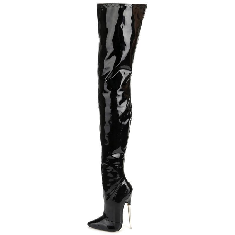 Schritthohe Stiefel JIALUOWEI 18 cm Super High Heel Stiletto Stiefel Frauen Lackleder Sexy Schwarz Stretch Oberschenkel Hohe Stiefel