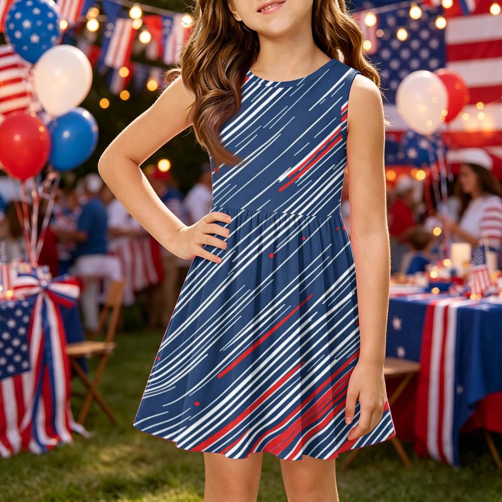 Girls' Summer Princess Dress - A-Line Vest Splice Dress Independence Day