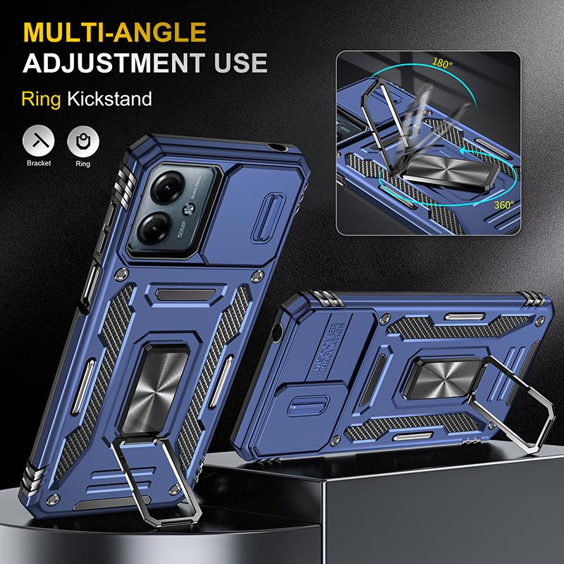 Armor Series For Motorola Moto G54 5G Case PC+TPU Kickstand Phone Cover with Slide Lens Protector