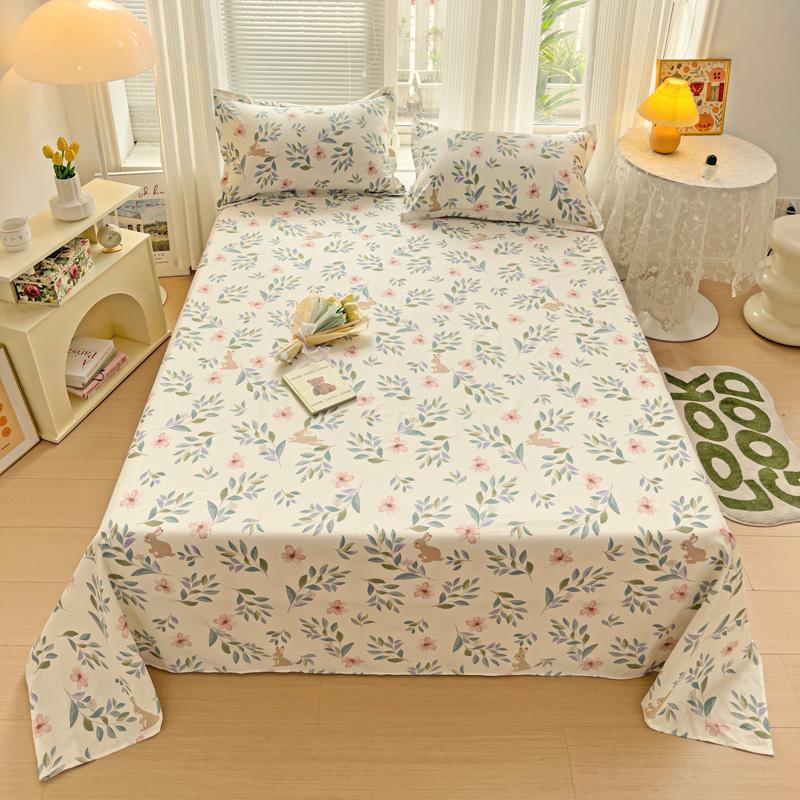 Watercolor Plant Leaves Bed Sheet Set 3Pcs 100% Cotton Bed Sheet with 2 Pillowcases Skin-friendly Comfortable Bedroom Bedspread