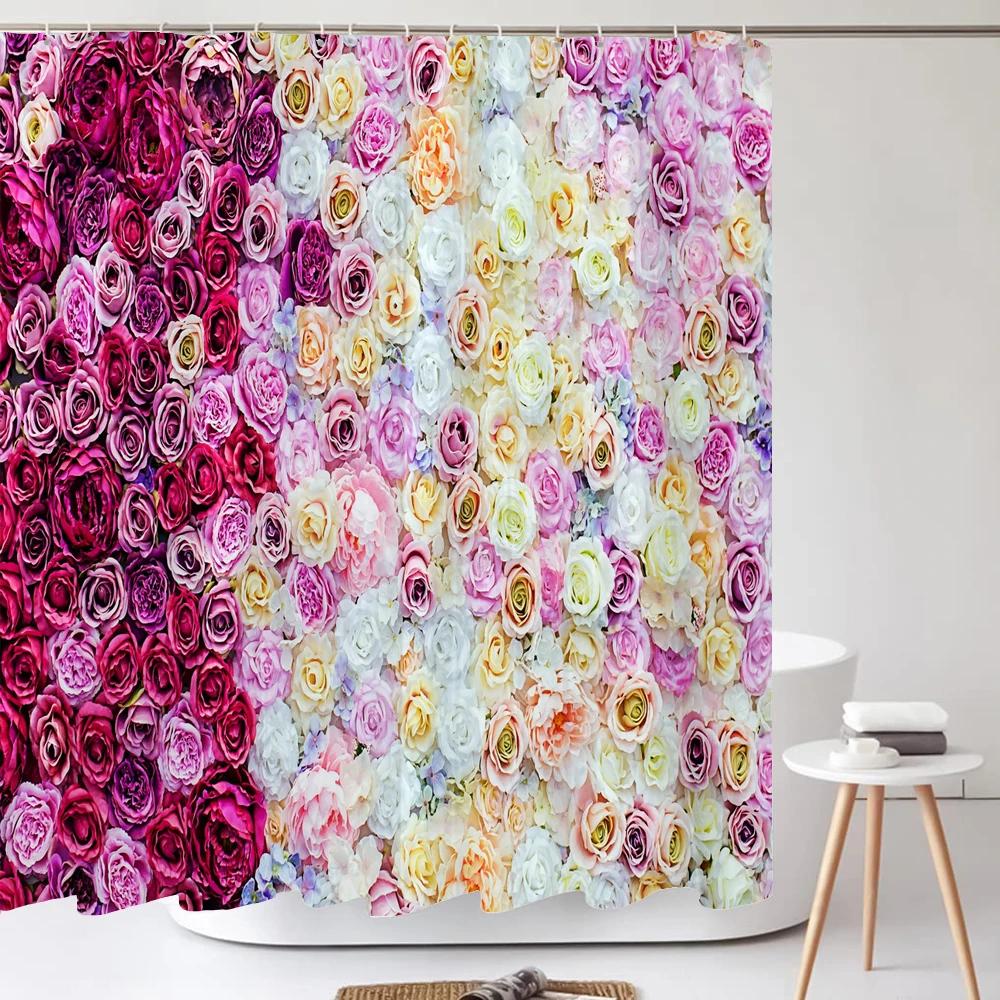 1Pcs Pink flower printing waterproof shower curtain,  Rose flowers wall bathroom decorative curtain with plastic hooks