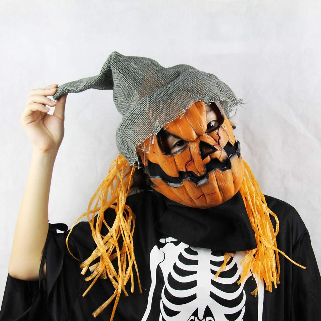EnergyPower Halloween Party Mask - Pumpkin Zombie Jack-o'-lantern - Super Realistic Mask with Hair and Hat - Scary! Pumpkin, Devil, Alien, Satan, Demo