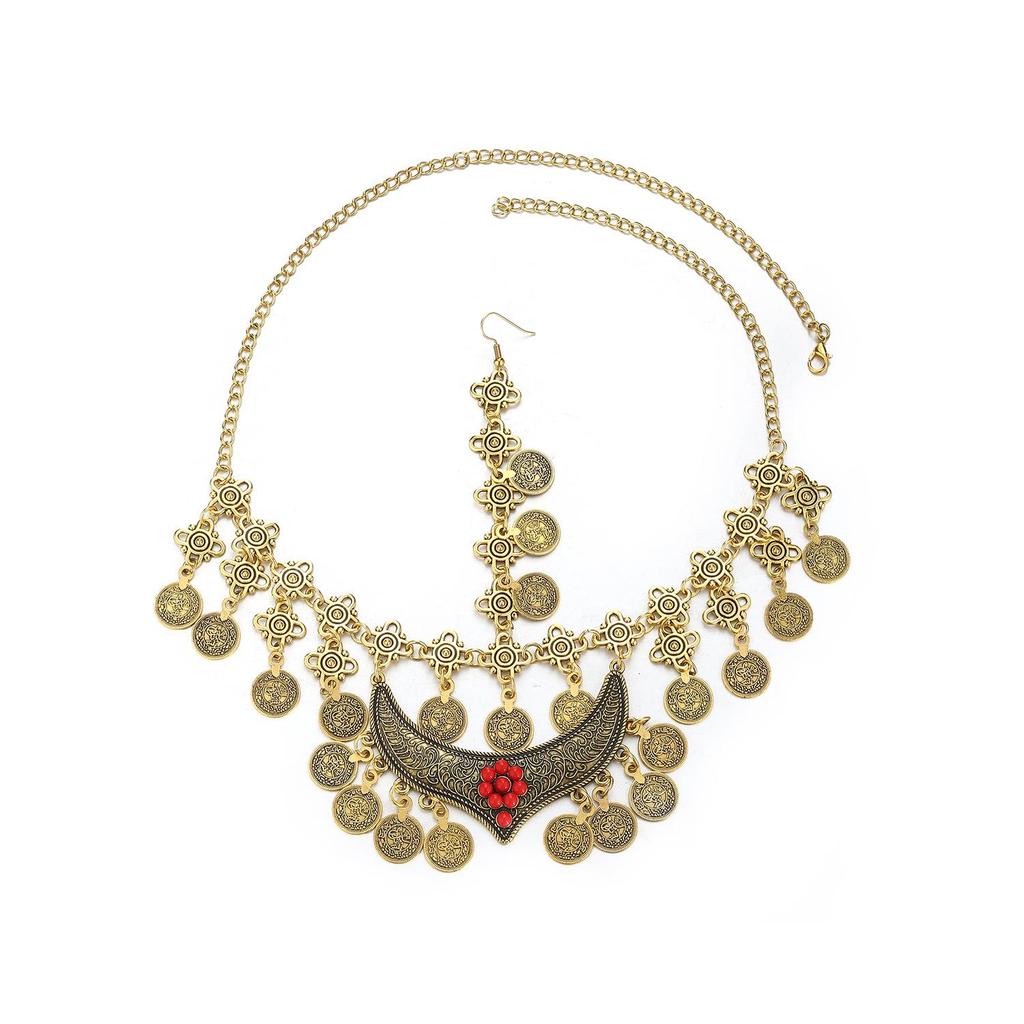 Bohemian Exotic Rhinestone Tassel Necklace & Earrings Set In Antiqued Alloy