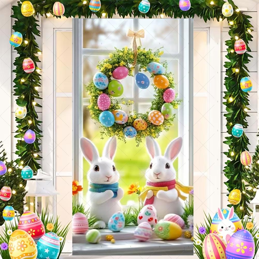Happy Easter Cute Bunny Door Cover Backdrop Spring Garden Floral Easter Egg Background Easter Party Decoration Photo Shoot Props