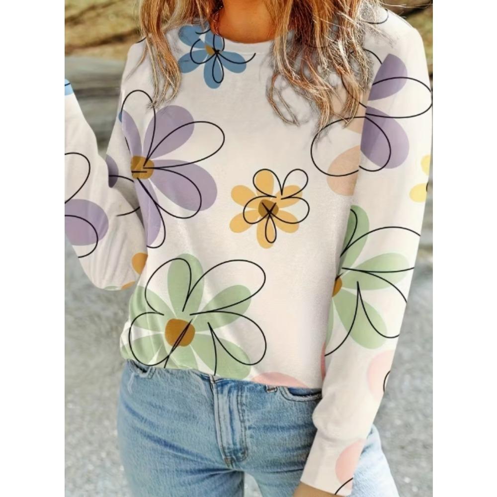 Women's T-Shirt Casual Long Sleeve Stripe Pattern Print Crew Neck Female Oversized Clothing Outdoor Vintage T Shirts