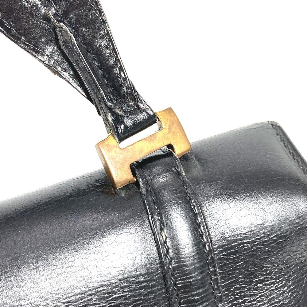 Hermes Bolsa de Mão com Aba e Logo Vintage Bolsa de Ombro Couro Preto/Ferragens Douradas