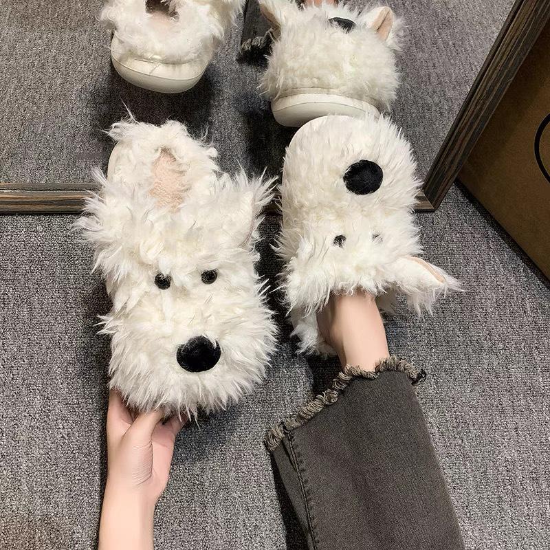 Women's Cute Little Dog Cotton Slippers - Plush, Non-slip, Warm Indoor Footwear for Autumn/Winter