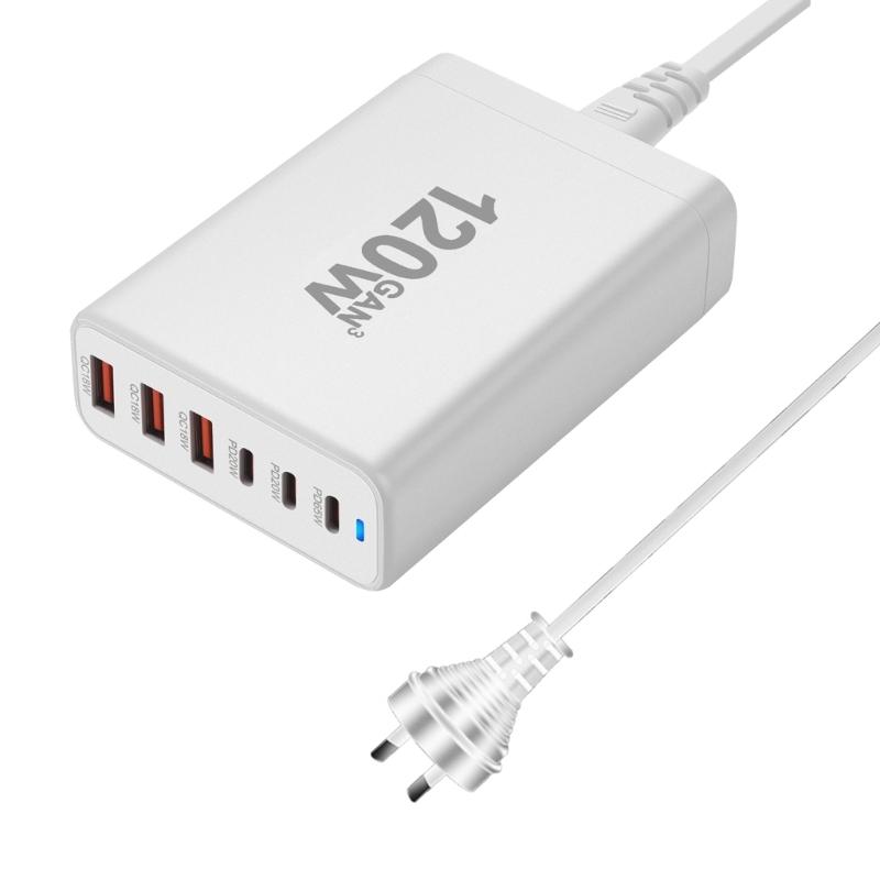 Portable 120W USB Charging Station with 6 Port, 3 Type C PD and 3 USB A for Phones Tablets Simultaneous Device Charging