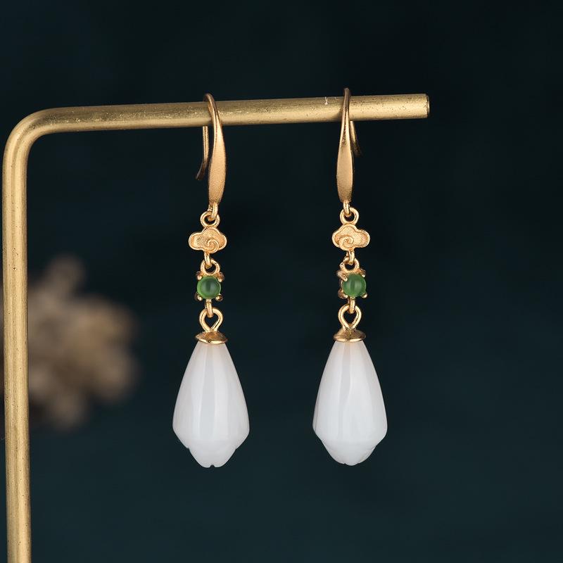 Retro Chinese Hanfu Earrings: Ancient Gold Clouds & Synthetic White Jade Magnolia