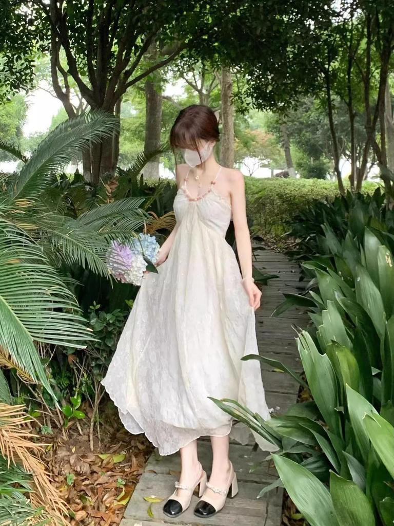 White seaside vacation big halter neck suspender dress new feminine summer fairy skirt